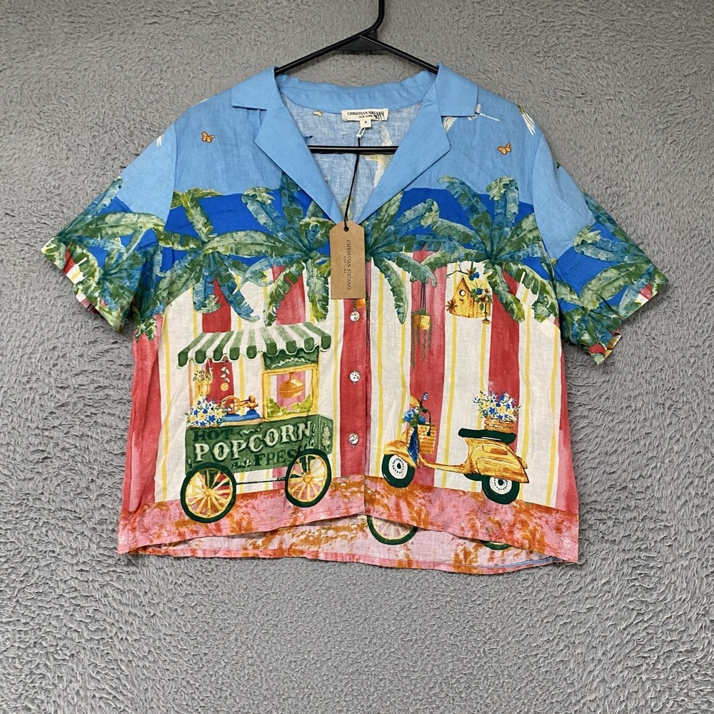 Christian Siriano Cropped Shirt Womens Small Linen Button Up Tropical Boxy Euro